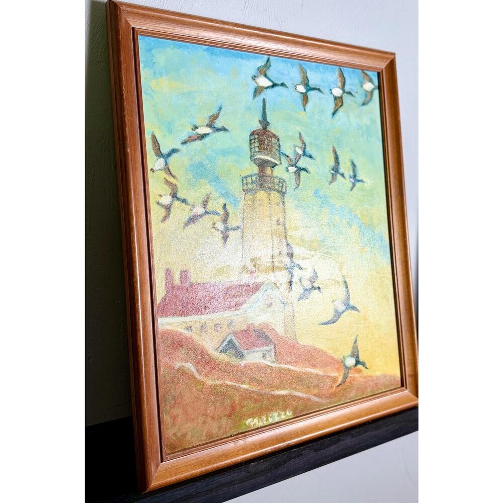 Vintage Original Lighthouse Painting Flying Seabirds Signed Coastal Wall Decor - Picture 6 of 14